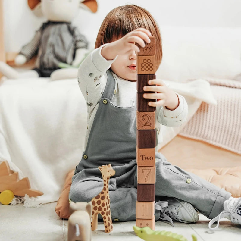 10pcs Baby Wooden Toys Educational Building Blocks 3D Stacking Block Teaching Numbers English Early Education Montessori Toys