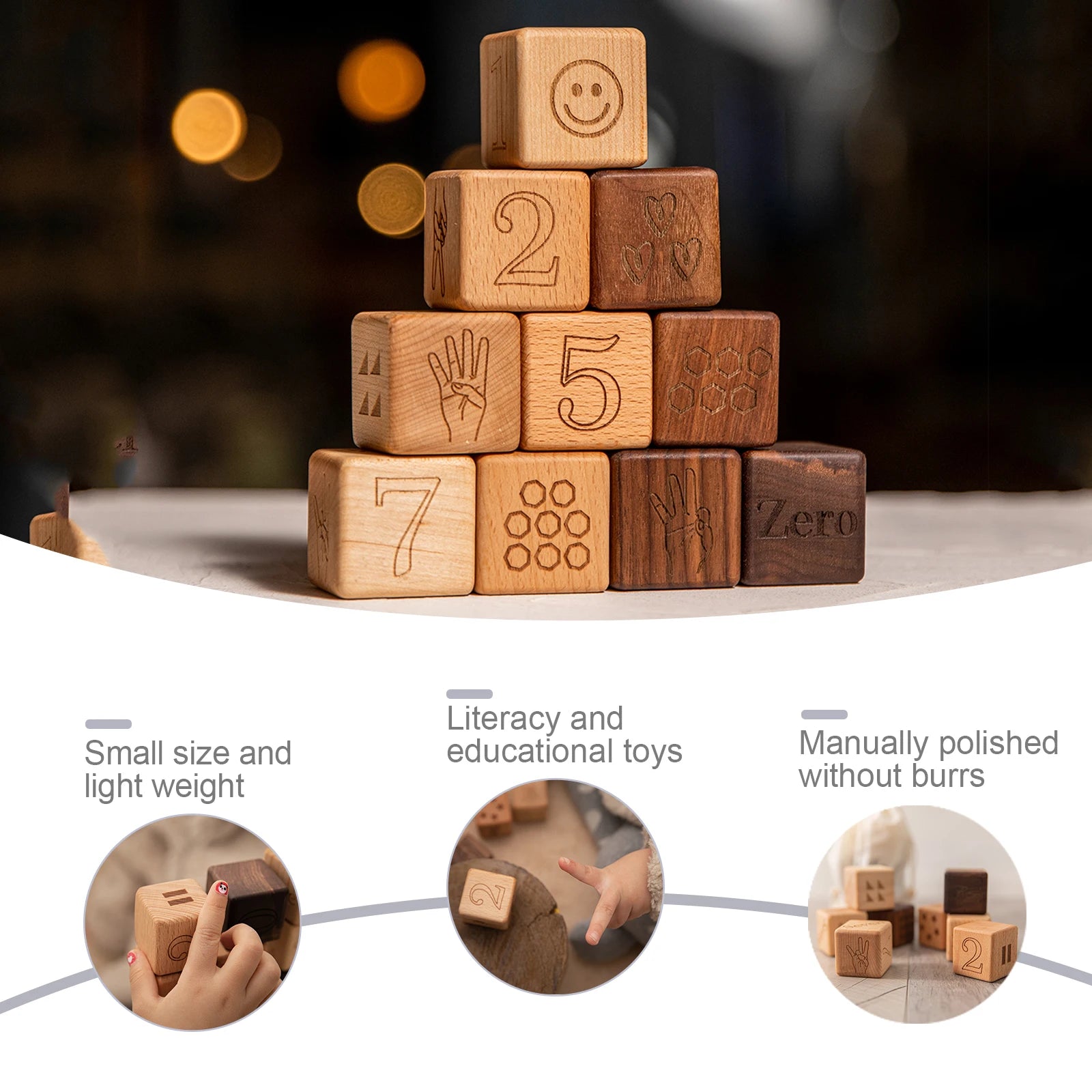 10pcs Baby Wooden Toys Educational Building Blocks 3D Stacking Block Teaching Numbers English Early Education Montessori Toys
