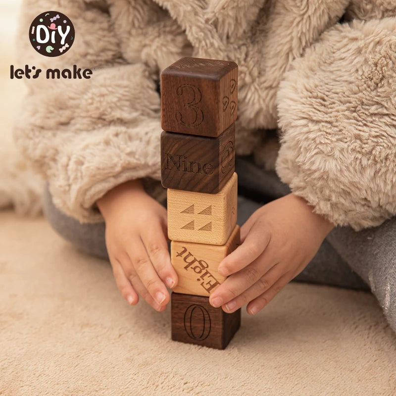 10pcs Baby Wooden Toys Educational Building Blocks 3D Stacking Block Teaching Numbers English Early Education Montessori Toys